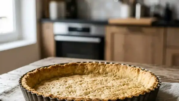 Pâte sablée traditionnelle dorée dans son moule, prête pour une garniture gourmande. Une base parfaite pour toutes vos tartes.