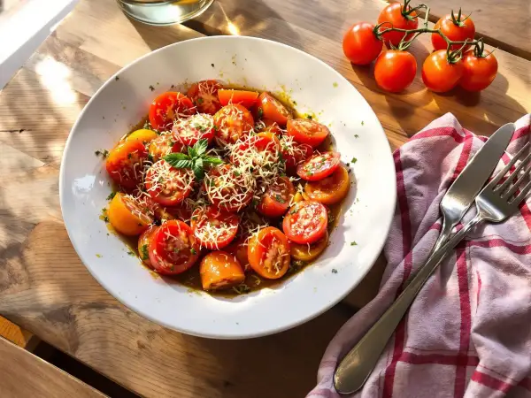 Tomates à la provençale à la poêle, garnies de parmesan râpé et de basilic frais, sur une assiette blanche.