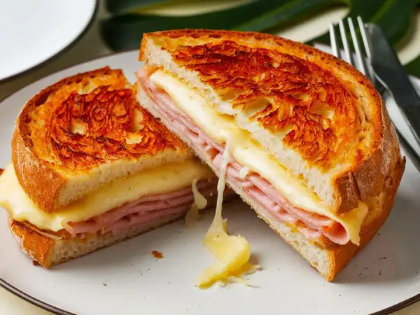 Un croque-monsieur gourmand, parfaitement doré à l'airfryer, avec du fromage fondant et du jambon savoureux.