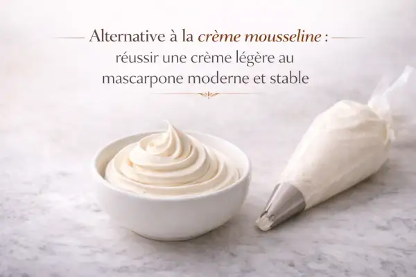 Crème légère au mascarpone, alternative à la crème mousseline sans beurre. Une texture aérienne prête à être utilisée.