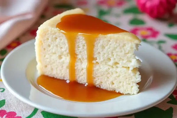 Une part de gâteau de riz aérien, nappée d'une sauce caramel dorée, sur une assiette blanche.