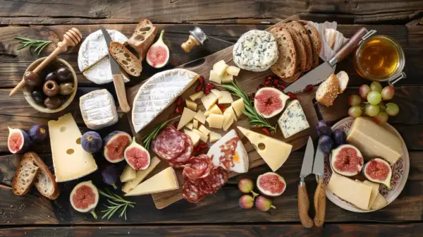 Une planche charcuterie fromage généreuse avec divers fromages, saucissons, figues, olives, raisins et pain sur fond de bois.