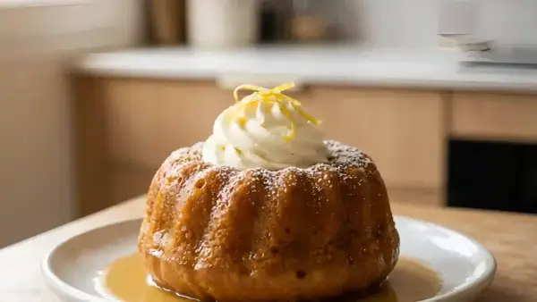 Baba au rhum gastronomique, un dessert moelleux et parfumé, nappé de sirop et surmonté de crème fouettée et de zestes de citron.