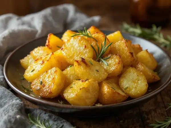 Assiette de pommes de terre au four dorées et croustillantes, garnies de romarin frais. Un délice simple et réconfortant.