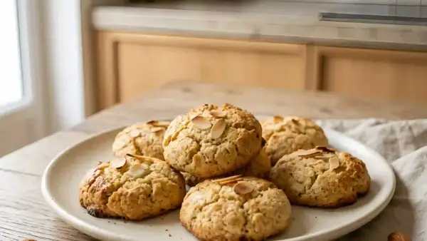 Une assiette de meilleurs biscuits aux amandes, dorés et garnis de lamelles d'amandes, sur une table en bois.