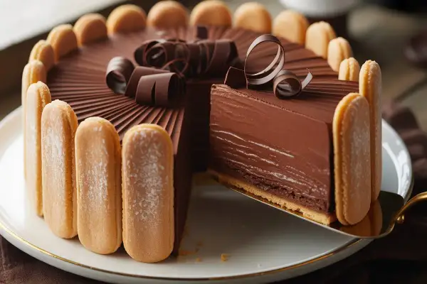 Une délicieuse charlotte au chocolat, ornée de biscuits à la cuillère et de copeaux de chocolat, est servie sur une assiette blanche.