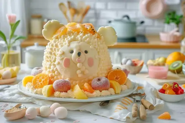 Gâteau mouton pour une recette gâteau bébé 1 an. Décoré de fruits frais, il est prêt pour une fête d'anniversaire.