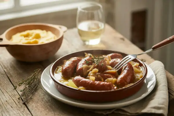 Un plat de diots savoyards mijotés avec des crozets, servi avec une purée de pommes de terre et un verre de vin blanc. Une recette réconfortante.