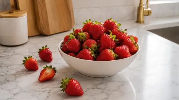 Un bol rempli de fraises rouges et juteuses, parfaites pour un dessert frais. Quelques fraises sont éparpillées sur le comptoir en marbre.