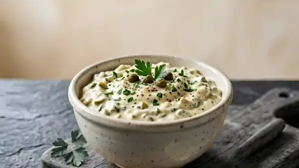 Un bol de sauce tartare crémeuse, garnie de câpres et de persil frais, prête à accompagner un plat de poisson.