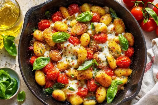 Délicieux gnocchis dorés avec des tomates cerises fondantes et du fromage filant, le tout dans une poêle. Un plat de tomates à la poêle qui met l'eau à la bouche.