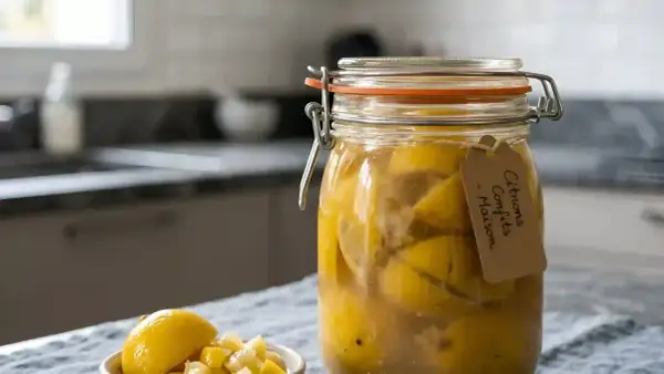Un bocal rempli de citrons confits maison, prêts à parfumer vos plats. Une touche de soleil dans votre cuisine.