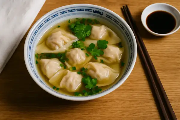 Un bol de soupe raviolis chinois, garni de coriandre et de ciboule, prêt à être dégusté avec des baguettes.