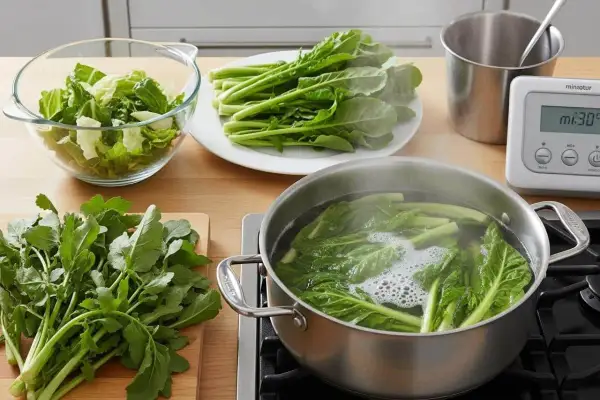 Préparation pour la cuisson d'épinards frais. Des légumes verts bouillent dans une casserole, d'autres sont prêts à être cuisinés.