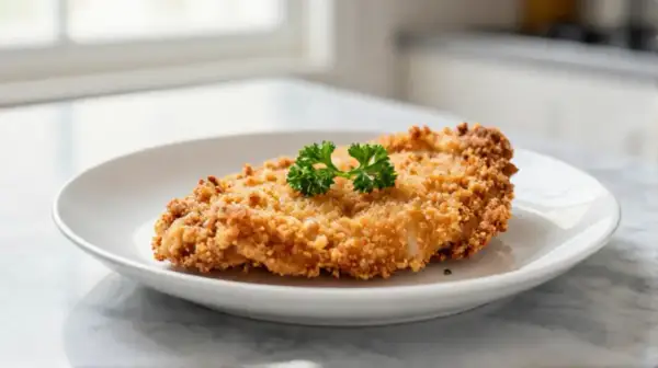 Escalope milanaise dorée à la poêle, garnie de persil frais. Le temps de cuisson parfait pour cette recette croustillante.