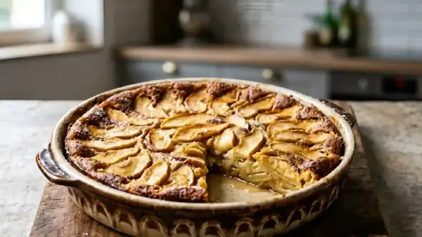 Un délicieux clafoutis aux pommes, doré et moelleux, servi dans un plat en terre cuite.