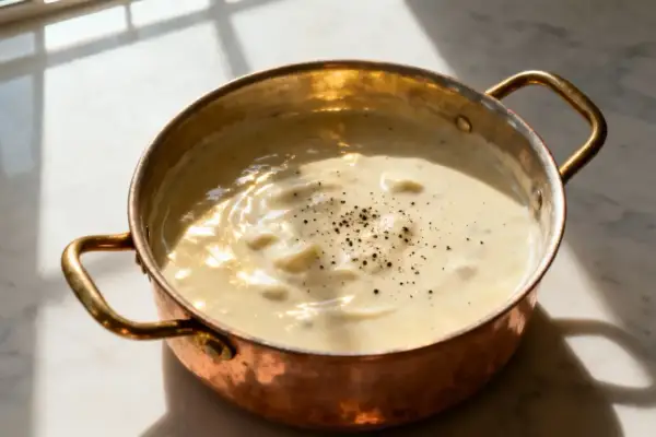 Sauce blanche crémeuse, parsemée de poivre noir, dans une petite casserole en cuivre.