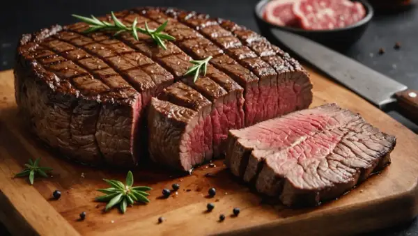 Un magnifique filet de bœuf, parfaitement grillé, attend d'être dégusté. Sa cuisson révèle une chair rosée et tendre.