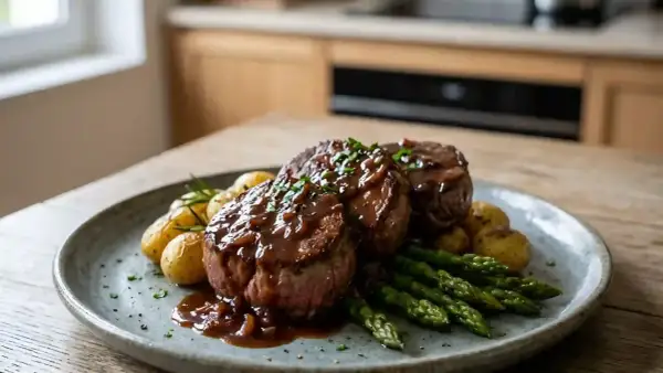 Trois tournedos nappés de sauce madère, accompagnés de pommes de terre grenaille et d'asperges vertes. Un plat savoureux dont la sauce madère origine fait le délice des gourmets.
