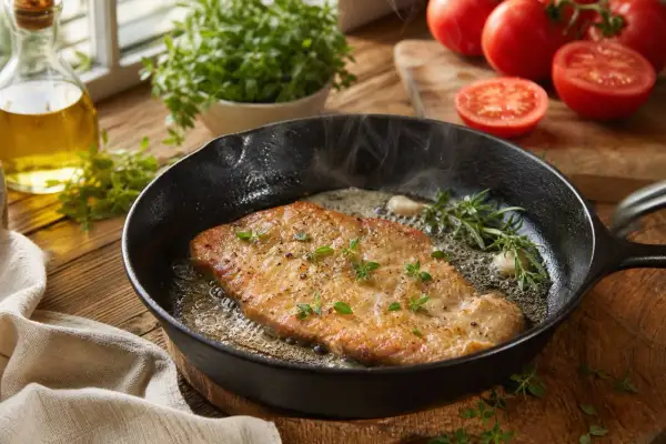 Escalope de veau dorée dans une poêle en fonte, avec de l'ail et des herbes. La cuisson est presque terminée.