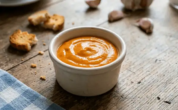 Un bol de rouille, recette traditionnelle, avec des croûtons et de l'ail sur une table en bois.