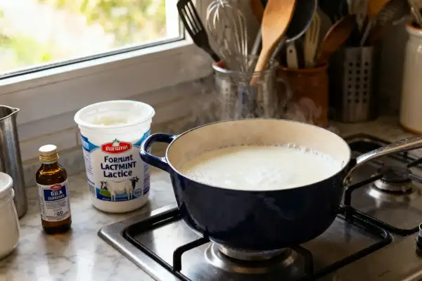 Préparation pour faire son fromage de chèvre : lait chauffant dans une casserole bleue, avec un pot de ferment lactique et une petite bouteille à côté.