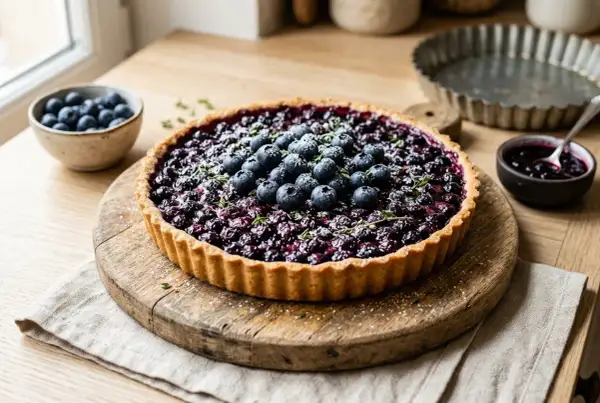 Une délicieuse tarte aux myrtilles, garnie de fruits frais et de thym, prête à être dégustée.