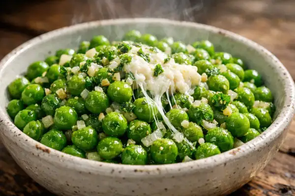 Un bol de pois mange tout chauds, garnis de fromage fondant et d'herbes fraîches. Une recette simple et savoureuse.