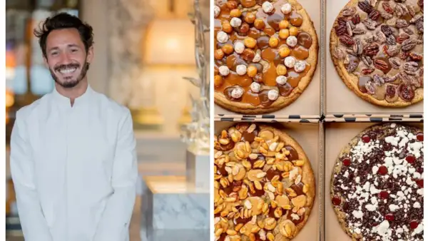 Le chef Cédric Grolet sourit à côté de ses délicieux cookies aux noisettes, caramel, cacahuètes et chocolat.