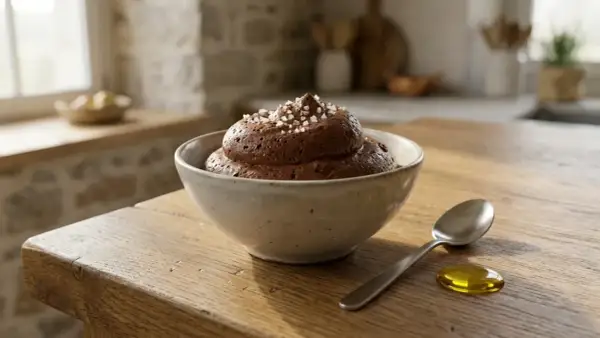 Une généreuse portion de mousse au chocolat, saupoudrée de gros sel, attend dans un bol en céramique sur une table en bois. Une cuillère et une goutte d'huile dorée sont à côté.
