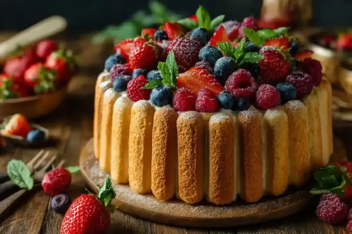 Charlotte aux fruits, un gâteau d'été orné de fraises, framboises et myrtilles, sur un lit de biscuits à la cuillère.