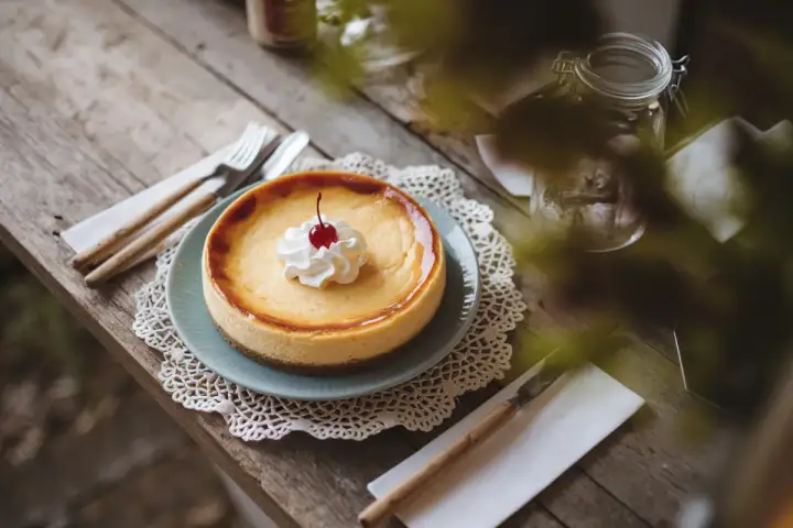 Un délicieux cheesecake, prêt à être dégusté, avec une cerise sur le dessus. Une invitation à essayer cette recette !